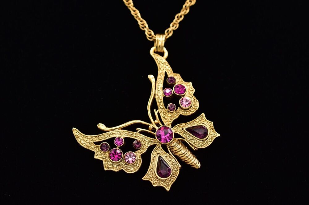 1928 Butterfly Pendant Necklace Purple Rhinestone Crystal Magenta Gold 90s BinBJ